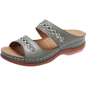 2025 Sandales Orthopédiques pour Femmes Mules en Cuir Bohême Bout Ouvert Plateforme Pantoufles Compensées Pas Cher Chaussons D&rsquo;été Confortables Respirantes Sandales Vintage Mode Chaussures de Plage(A03 Vert)