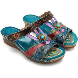 2025 Sandales Orthopédiques pour Femmes Mules en Cuir Bohême Bout Ouvert Plateforme Pantoufles Compensées Pas Cher Chaussons D&rsquo;été Confortables Respirantes Sandales Vintage Mode Chaussures de Plage(A07 Bleu)