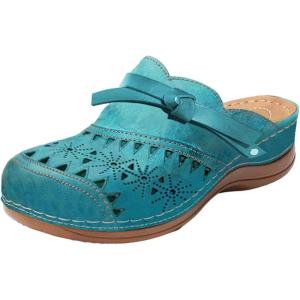 2025 Sandales Orthopédiques pour Femmes Mules en Cuir Bohême Bout Ouvert Plateforme Pantoufles Compensées Pas Cher Chaussons D&rsquo;été Confortables Respirantes Sandales Vintage Mode Chaussures de Plage(A04 Bleu Ciel)