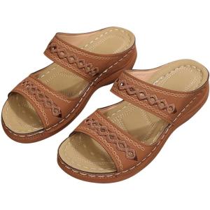2025 Sandales Orthopédiques pour Femmes Mules en Cuir Bohême Bout Ouvert Plateforme Pantoufles Compensées Pas Cher Chaussons D&rsquo;été Confortables Respirantes Sandales Vintage Mode Chaussures de Plage(A03 Brun)
