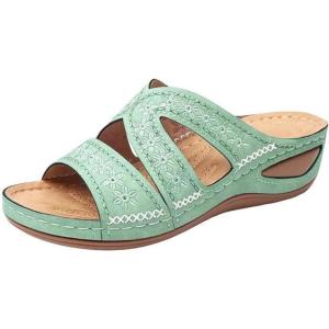 2025 Sandales Orthopédiques pour Femmes Mules en Cuir Bohême Bout Ouvert Plateforme Pantoufles Compensées Pas Cher Chaussons D&rsquo;été Confortables Respirantes Sandales Vintage Mode Chaussures de Plage(A02 Vert)