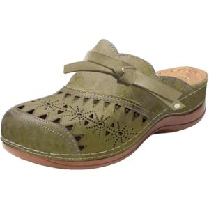 2025 Sandales Orthopédiques pour Femmes Mules en Cuir Bohême Bout Ouvert Plateforme Pantoufles Compensées Pas Cher Chaussons D&rsquo;été Confortables Respirantes Sandales Vintage Mode Chaussures de Plage(A04 Armée Verte)