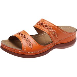 2025 Sandales Orthopédiques pour Femmes Mules en Cuir Bohême Bout Ouvert Plateforme Pantoufles Compensées Pas Cher Chaussons D&rsquo;été Confortables Respirantes Sandales Vintage Mode Chaussures de Plage(A03 Orange)