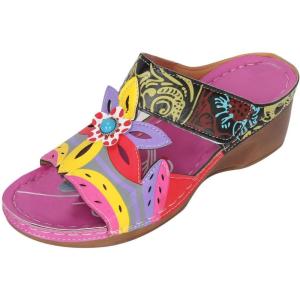 2025 Sandales Orthopédiques pour Femmes Mules en Cuir Bohême Bout Ouvert Plateforme Pantoufles Compensées Pas Cher Chaussons D&rsquo;été Confortables Respirantes Sandales Vintage Mode Chaussures de Plage(A06 Violet)