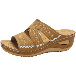 2025 Sandales Orthopédiques pour Femmes Mules en Cuir Bohême Bout Ouvert Plateforme Pantoufles Compensées Pas Cher Chaussons D&rsquo;été Confortables Respirantes Sandales Vintage Mode Chaussures de Plage(A02 Brun)