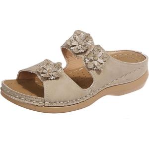 2025 Sandales Orthopédiques pour Femmes Mules en Cuir Bohême Bout Ouvert Plateforme Pantoufles Compensées Pas Cher Chaussons D&rsquo;été Confortables Respirantes Sandales Vintage Mode Chaussures de Plage(A05 Beige)