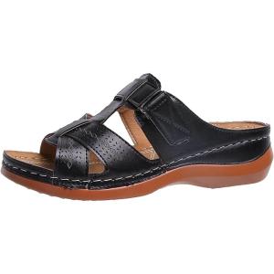 2025 Sandales Orthopédiques pour Femmes Mules en Cuir Bohême Bout Ouvert Plateforme Pantoufles Compensées Pas Cher Chaussons D&rsquo;été Confortables Respirantes Sandales Vintage Mode Chaussures de Plage(A01 Noir)
