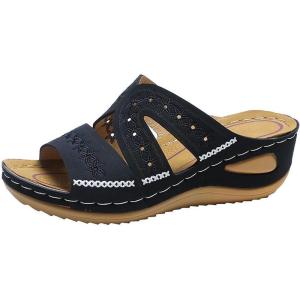 2025 Sandales Orthopédiques pour Femmes Mules en Cuir Bohême Bout Ouvert Plateforme Pantoufles Compensées Pas Cher Chaussons D&rsquo;été Confortables Respirantes Sandales Vintage Mode Chaussures de Plage(A02 Noir)