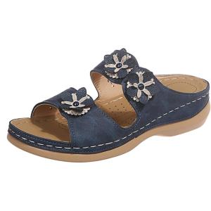 2025 Sandales Orthopédiques pour Femmes Mules en Cuir Bohême Bout Ouvert Plateforme Pantoufles Compensées Pas Cher Chaussons D&rsquo;été Confortables Respirantes Sandales Vintage Mode Chaussures de Plage(A05 Marine)