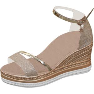 Sandales à talon compensé confortables pour femme – Sandales compensées pour femme – Semelle plate – Légères – Avec lanières fermées – Chaussures de plage – Sandales à lanières – Talon décontracté(Or)