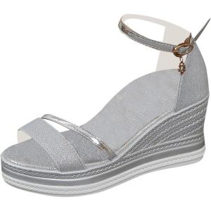 Sandales à talon compensé confortables pour femme – Sandales compensées pour femme – Semelle plate – Légères – Avec lanières fermées – Chaussures de plage – Sandales à lanières – Talon décontracté(Argenté)