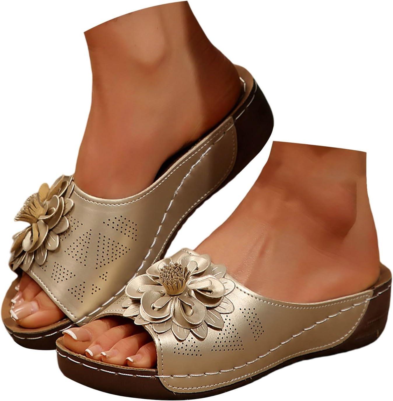 imageMules en Cuir Femme Sandales Compenses Bout Ouvert Plateforme Premium Orthopdiques Pantoufles Chaussons Dame02 Or