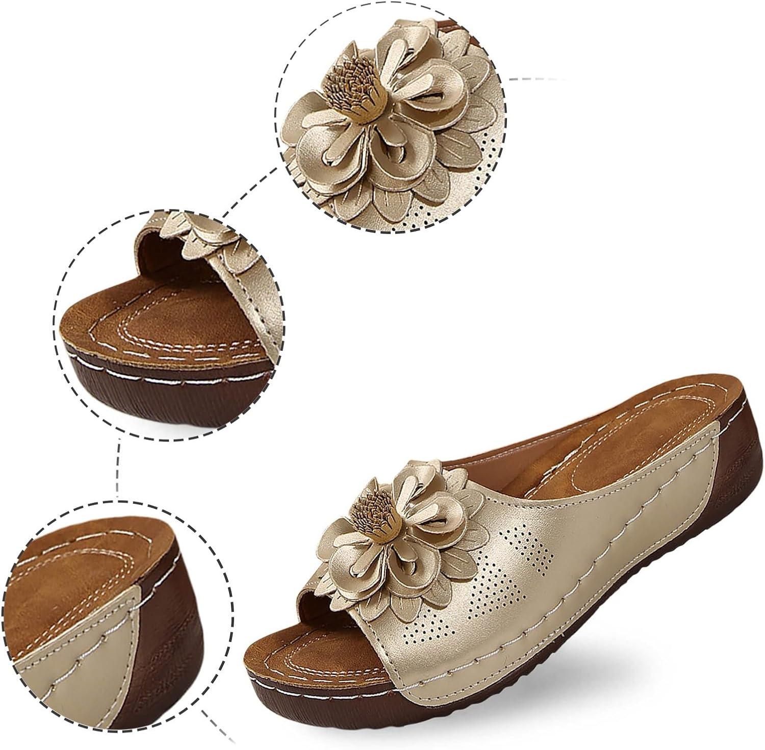 imageMules en Cuir Femme Sandales Compenses Bout Ouvert Plateforme Premium Orthopdiques Pantoufles Chaussons Dame02 Or