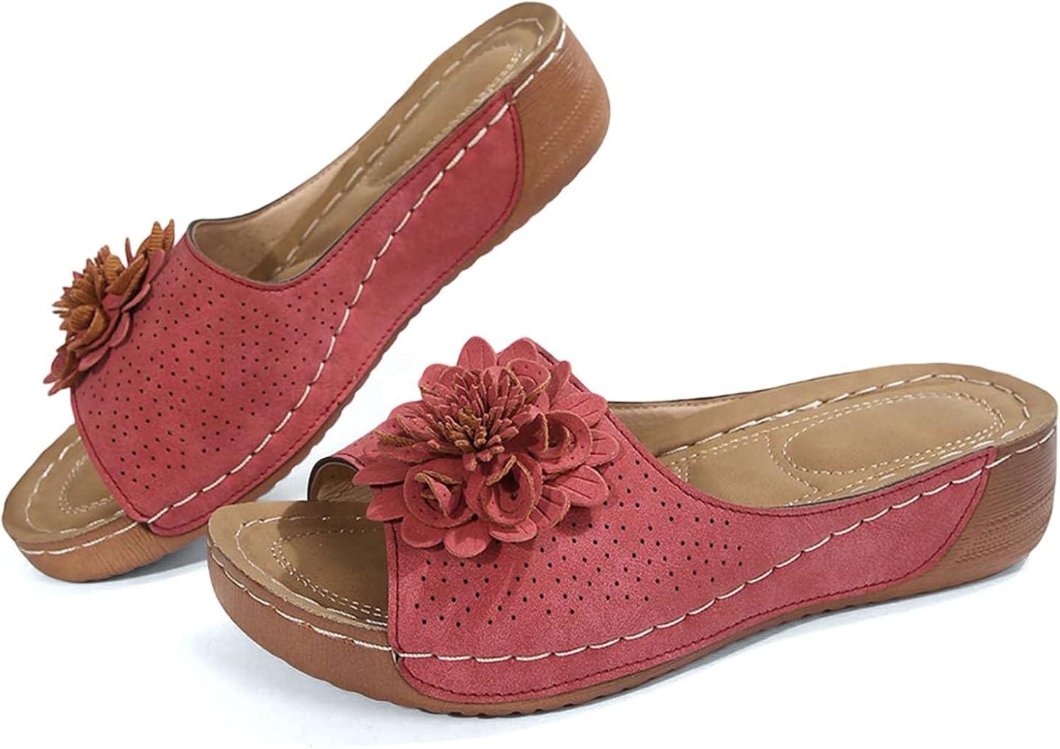 imageMules en Cuir Femme Sandales Compenses Bout Ouvert Plateforme Premium Orthopdiques Pantoufles Chaussons Dame03 Rouge