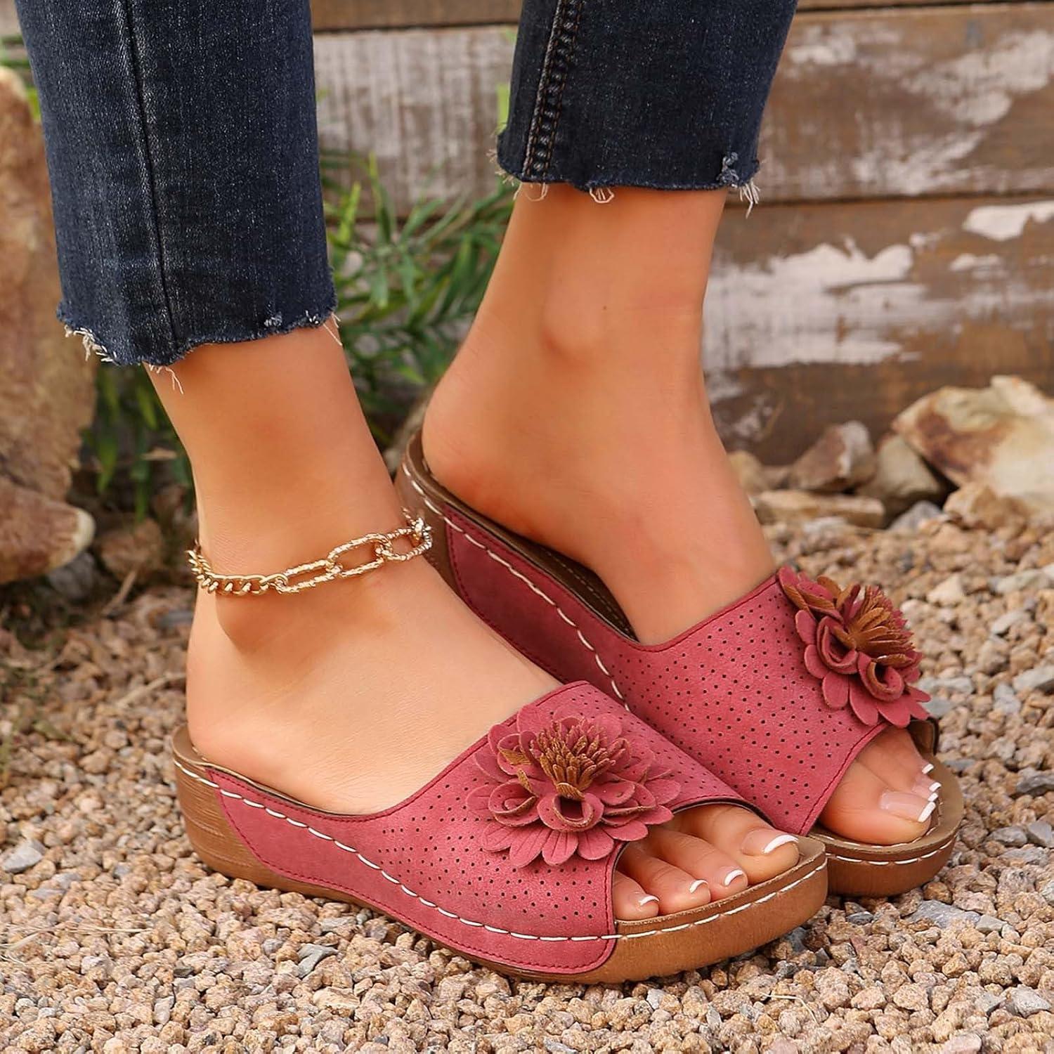 imageMules en Cuir Femme Sandales Compenses Bout Ouvert Plateforme Premium Orthopdiques Pantoufles Chaussons Dame03 Rouge