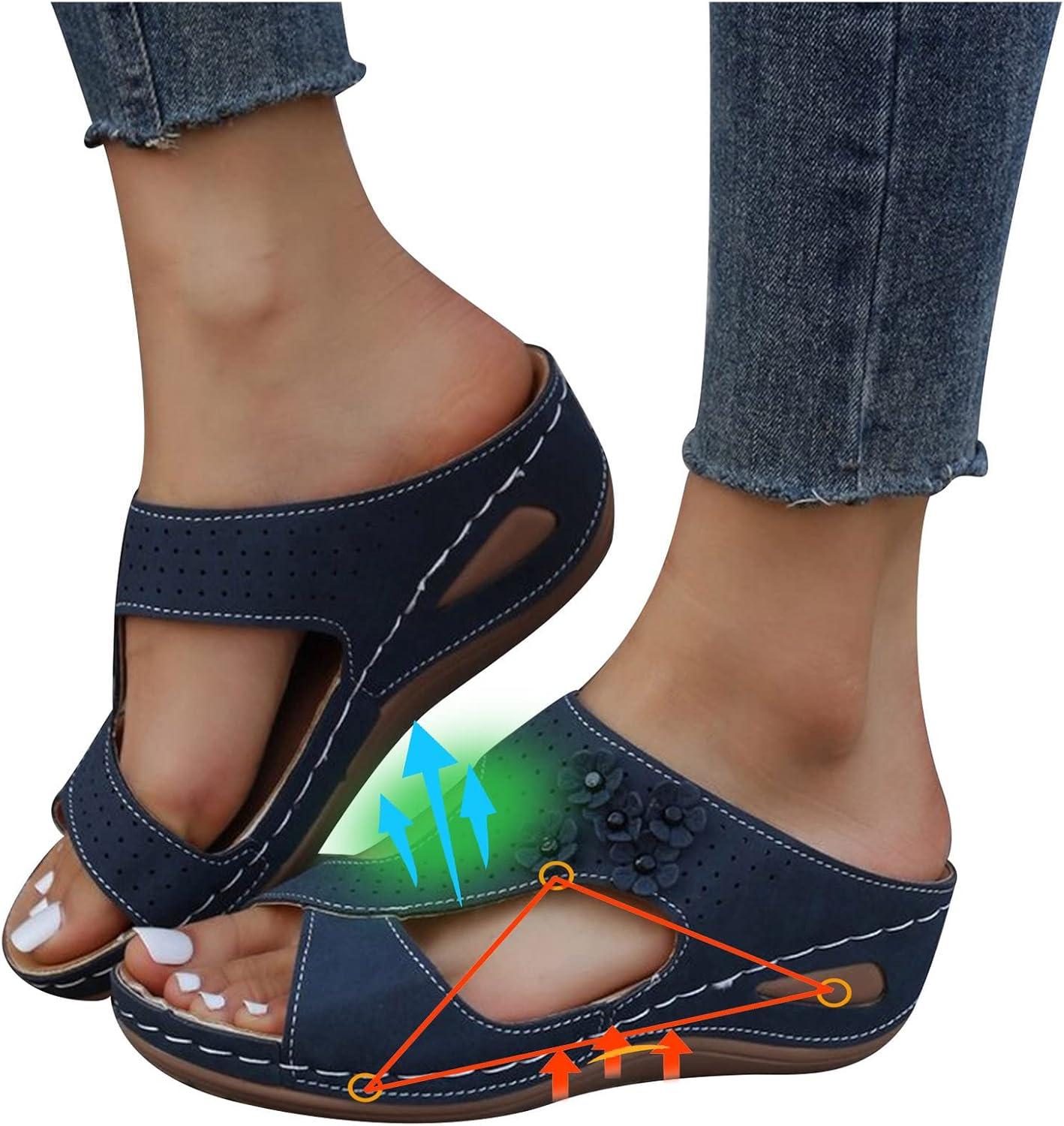 imageSandales Femmes NuPieds Orthopdique Compenses Pantoufles Femme Ete Respirantes Semelles paisses AntiDrapant Chaussures Bohemia Romain Sandals Pantoufle De Vacances PlageA1 Marine