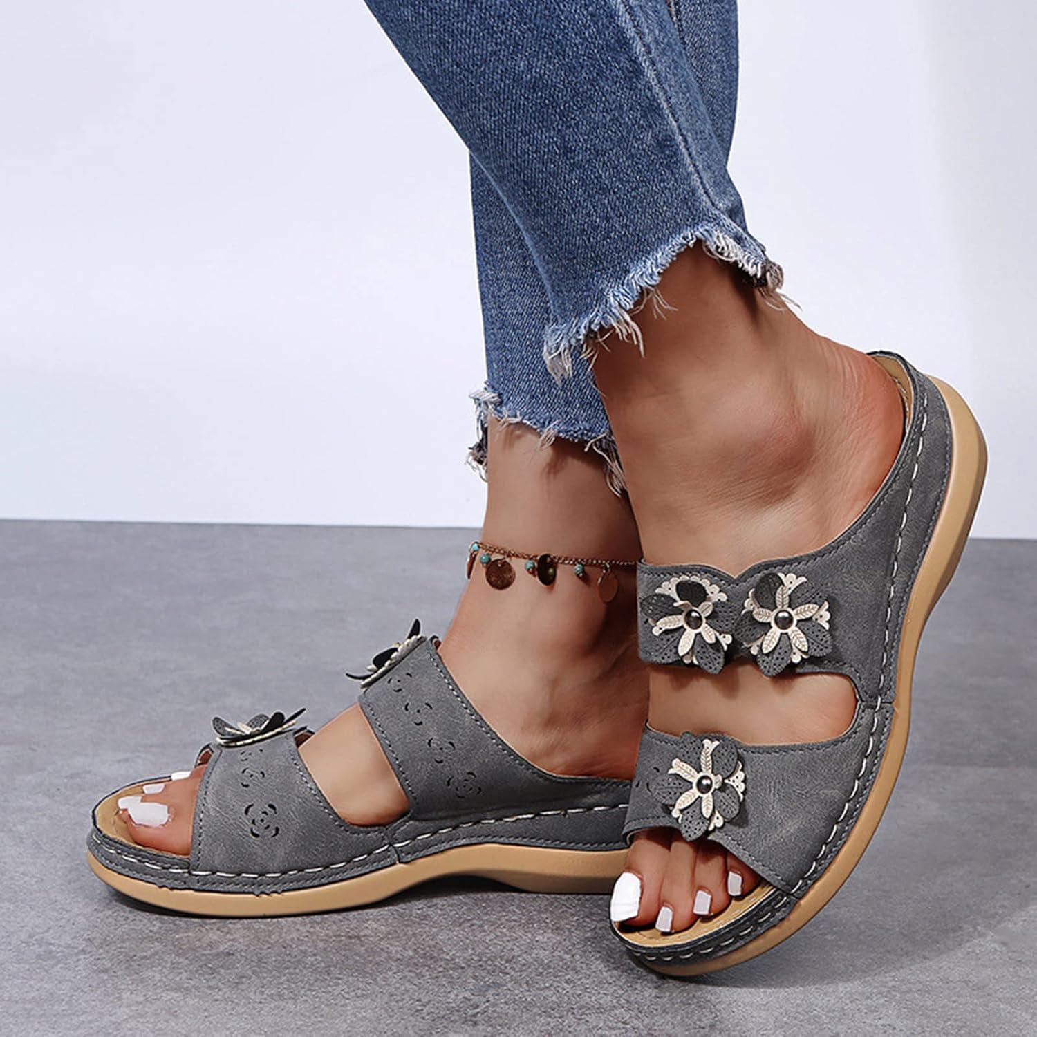 imageSandales Femmes NuPieds Orthopdique Compenses Pantoufles Femme Ete Respirantes Semelles paisses AntiDrapant Chaussures Bohemia Romain Sandals Pantoufle De Vacances PlageA4 Gris Fonc