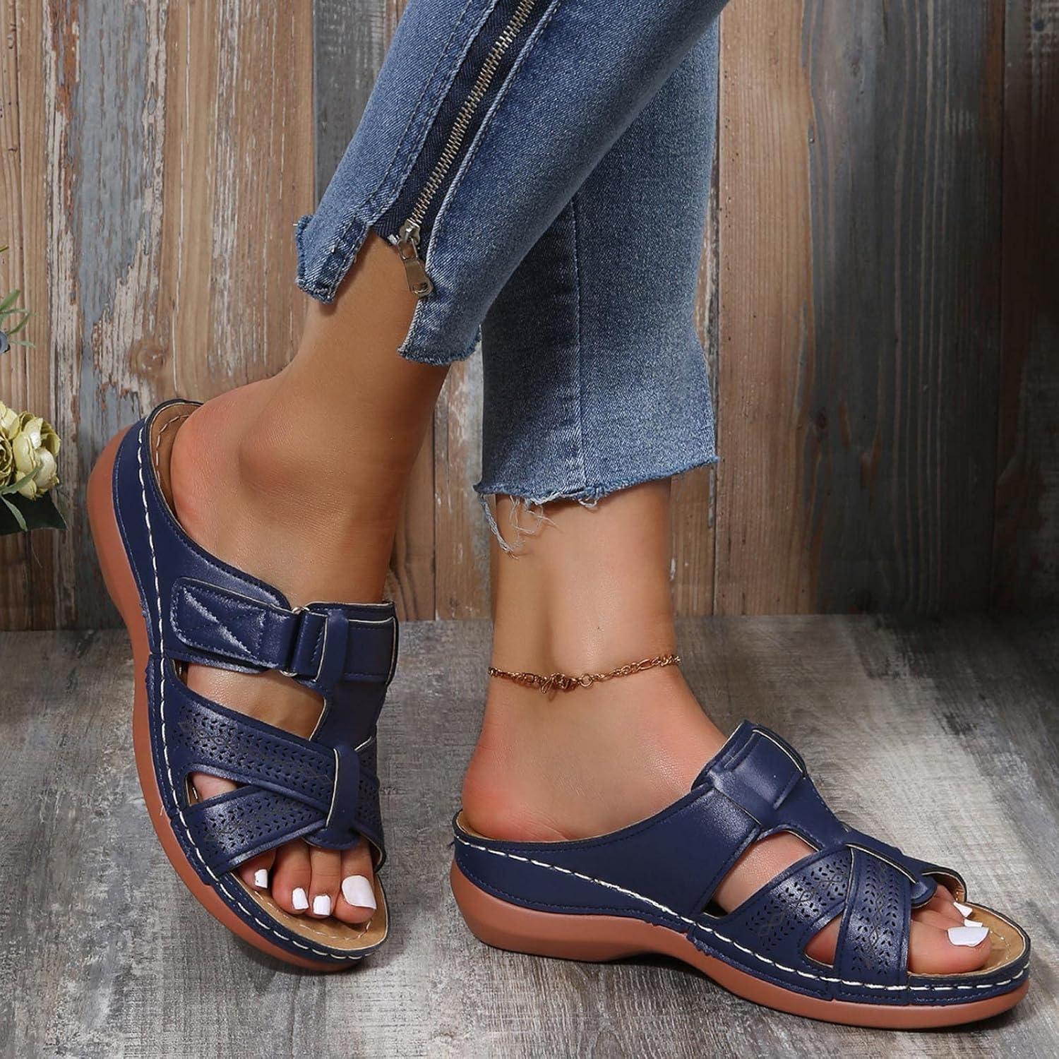 imageSandales Femmes NuPieds Orthopdique Compenses Pantoufles Femme Ete Respirantes Semelles paisses AntiDrapant Chaussures Bohemia Romain Sandals Pantoufle De Vacances PlageA3 Bleu Fonc