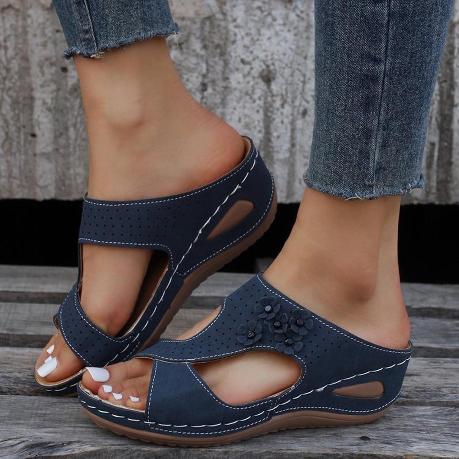 imageSandales Femmes NuPieds Orthopdique Compenses Pantoufles Femme Ete Respirantes Semelles paisses AntiDrapant Chaussures Bohemia Romain Sandals Pantoufle De Vacances PlageA1 Marine