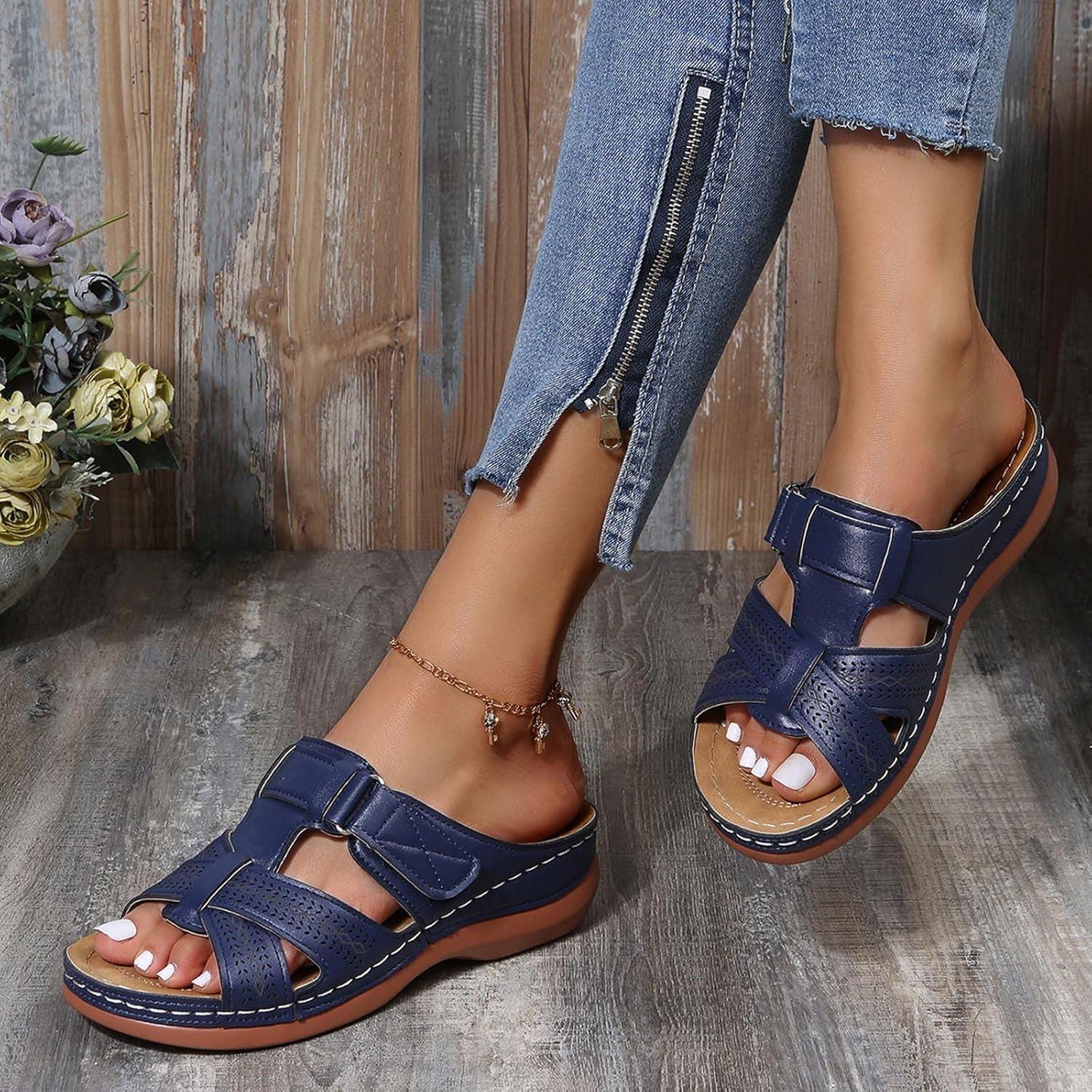 imageSandales Femmes NuPieds Orthopdique Compenses Pantoufles Femme Ete Respirantes Semelles paisses AntiDrapant Chaussures Bohemia Romain Sandals Pantoufle De Vacances PlageA3 Bleu Fonc