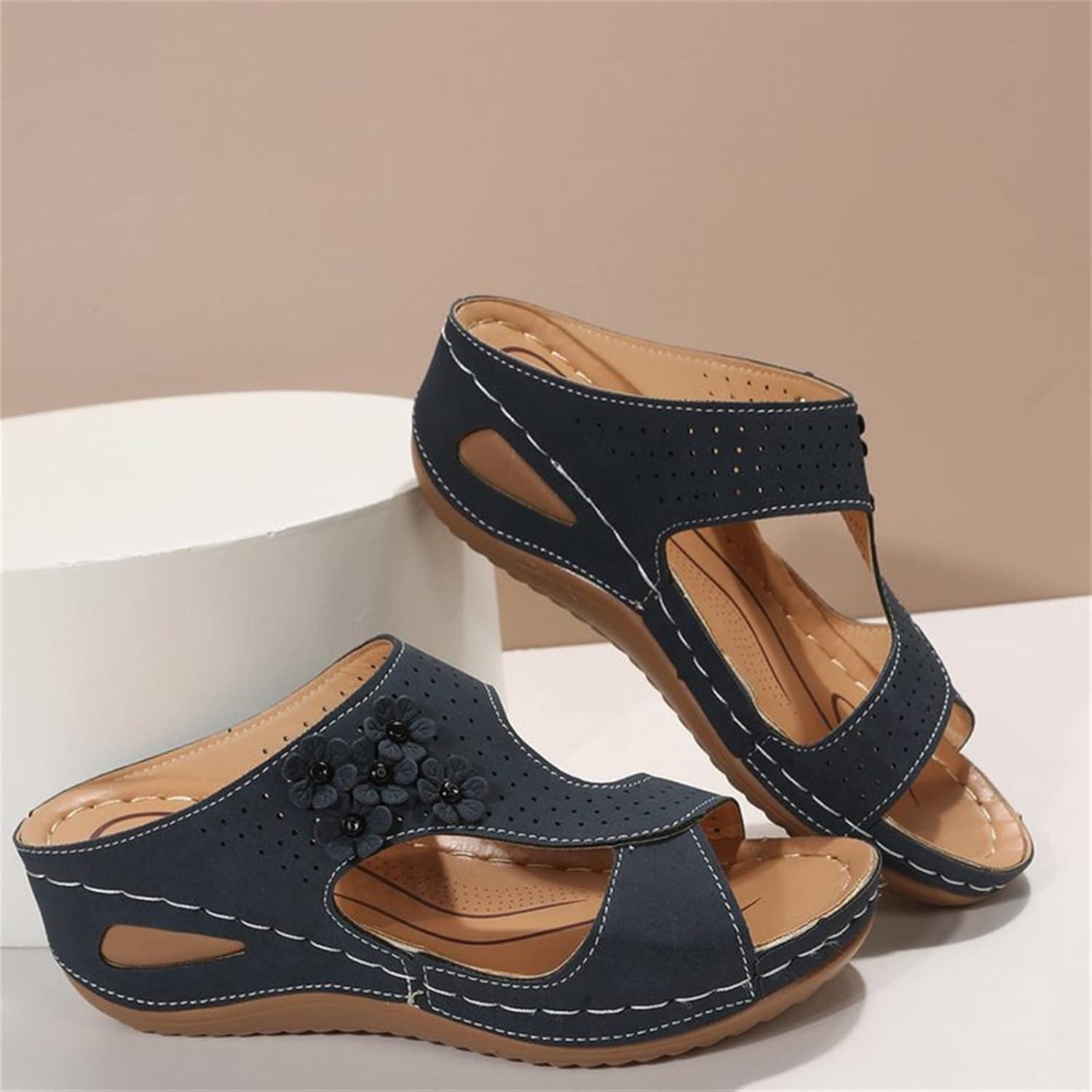 imageSandales Femmes NuPieds Orthopdique Compenses Pantoufles Femme Ete Respirantes Semelles paisses AntiDrapant Chaussures Bohemia Romain Sandals Pantoufle De Vacances PlageA1 Marine