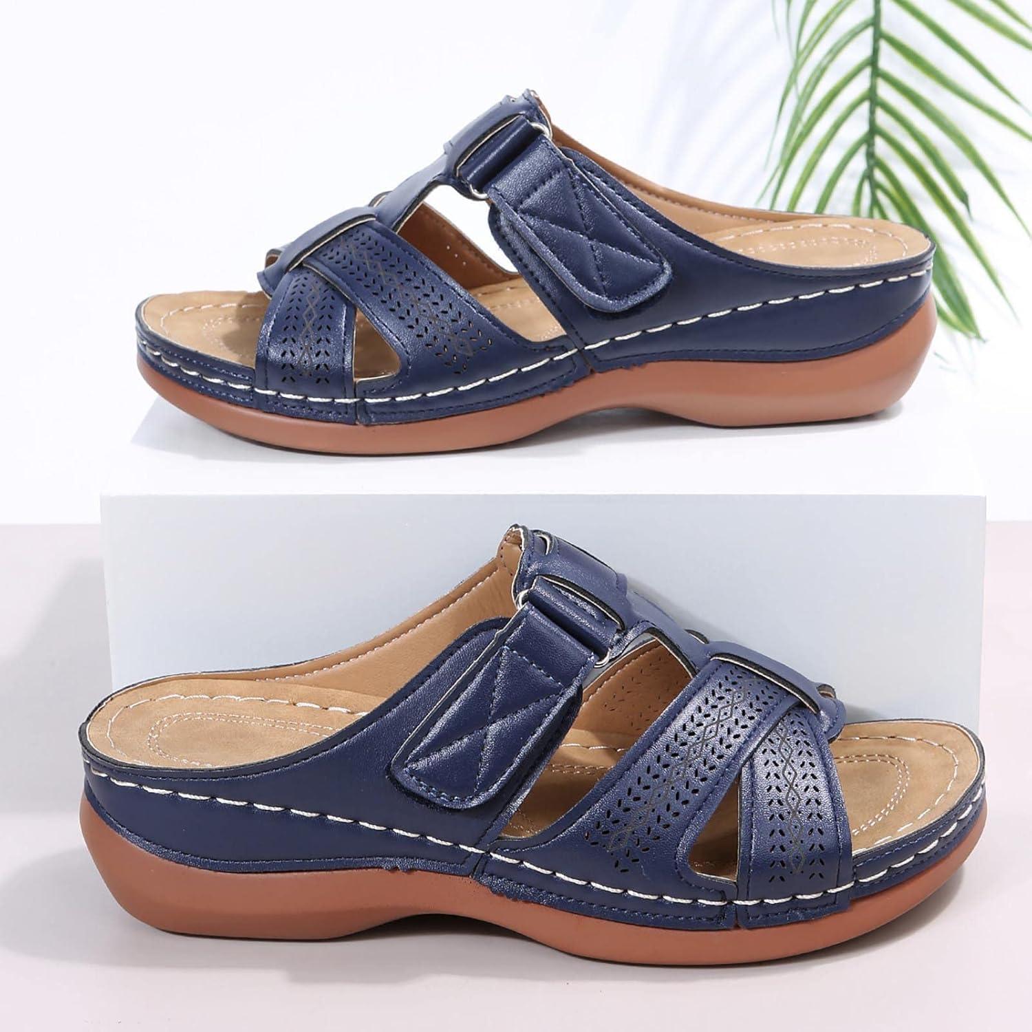 imageSandales Femmes NuPieds Orthopdique Compenses Pantoufles Femme Ete Respirantes Semelles paisses AntiDrapant Chaussures Bohemia Romain Sandals Pantoufle De Vacances PlageA3 Bleu Fonc