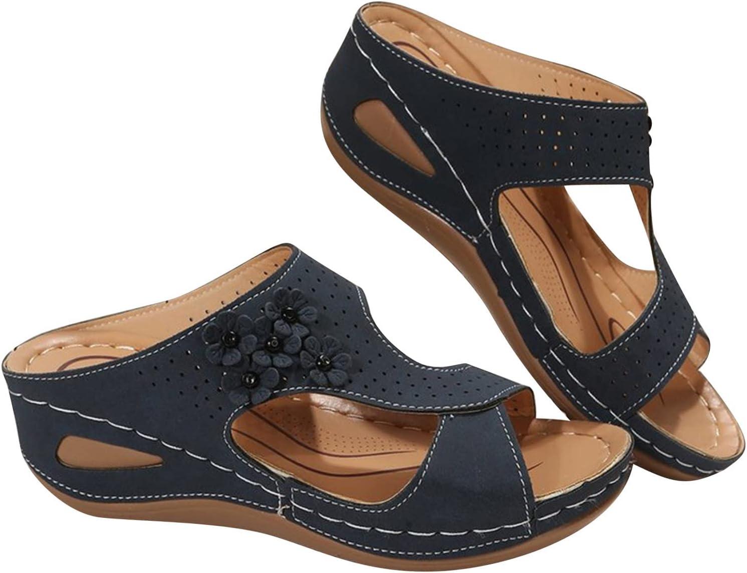 imageSandales Femmes NuPieds Orthopdique Compenses Pantoufles Femme Ete Respirantes Semelles paisses AntiDrapant Chaussures Bohemia Romain Sandals Pantoufle De Vacances PlageA1 Marine