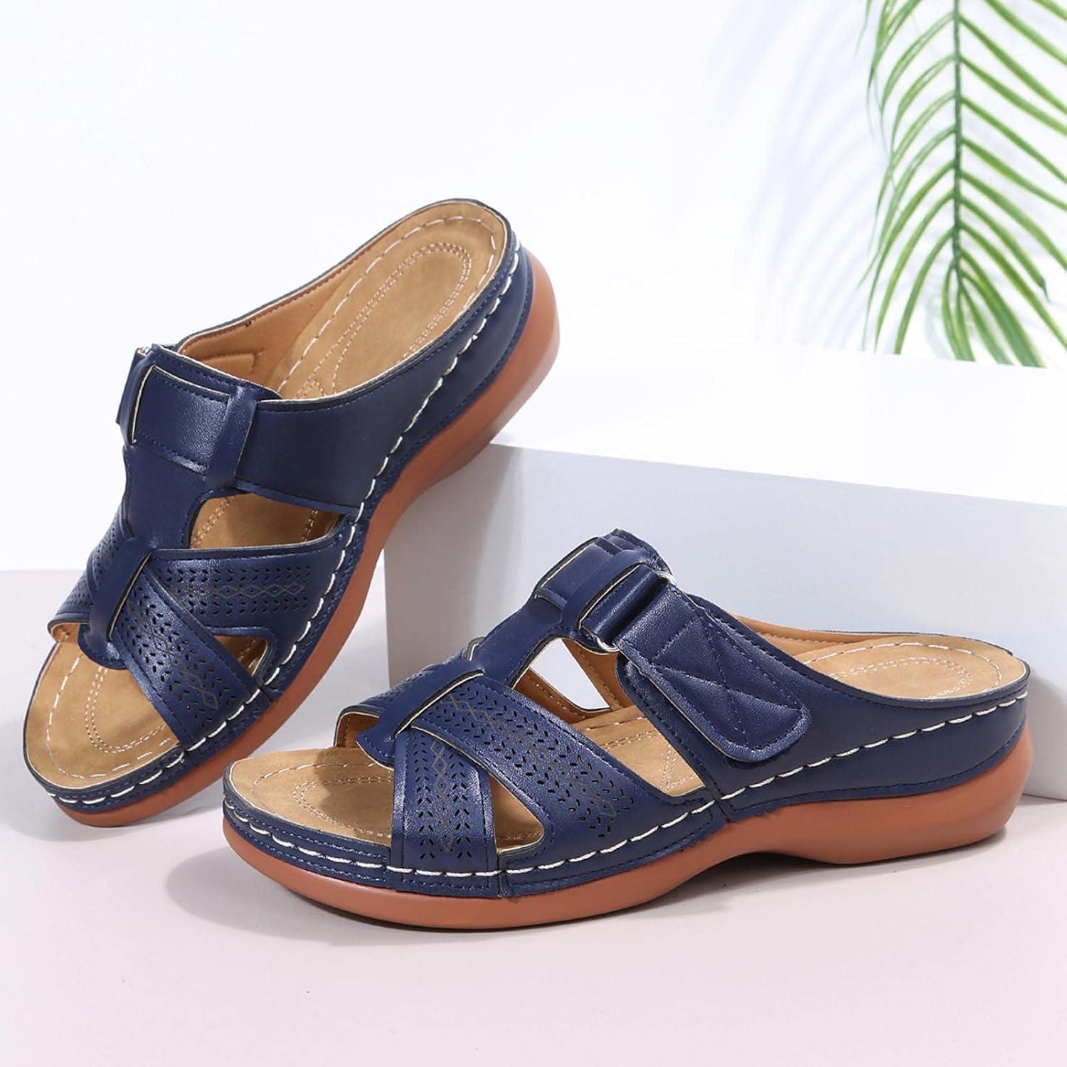 imageSandales Femmes NuPieds Orthopdique Compenses Pantoufles Femme Ete Respirantes Semelles paisses AntiDrapant Chaussures Bohemia Romain Sandals Pantoufle De Vacances PlageA3 Bleu Fonc