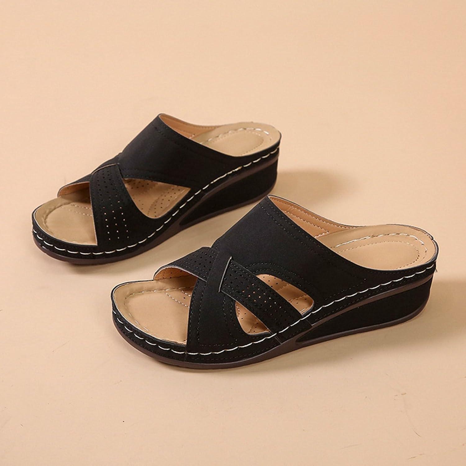 imageSandales Orthopedique Femmes t Compens Claquettes Rtro vid Claquette Soutien Plantaire Pantoufles Confort Antidrapant Chaussons Bout Ouvert Pantoufle Elgant de Vacances Plage MarcheNoir