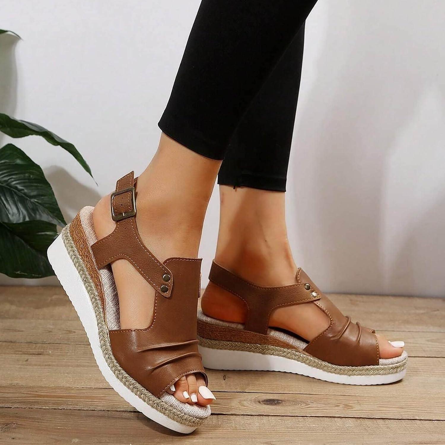 imageSandales compenses pour femme Espadrilles en cuir pour femme Bout ouvert Sangle de cheville Dcontractes lgantes Pour lt Plateforme Sandales enfiler Talons compenssMarron 01