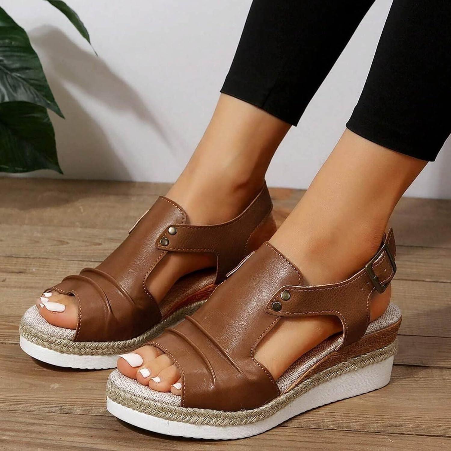 imageSandales compenses pour femme Espadrilles en cuir pour femme Bout ouvert Sangle de cheville Dcontractes lgantes Pour lt Plateforme Sandales enfiler Talons compenssMarron 01