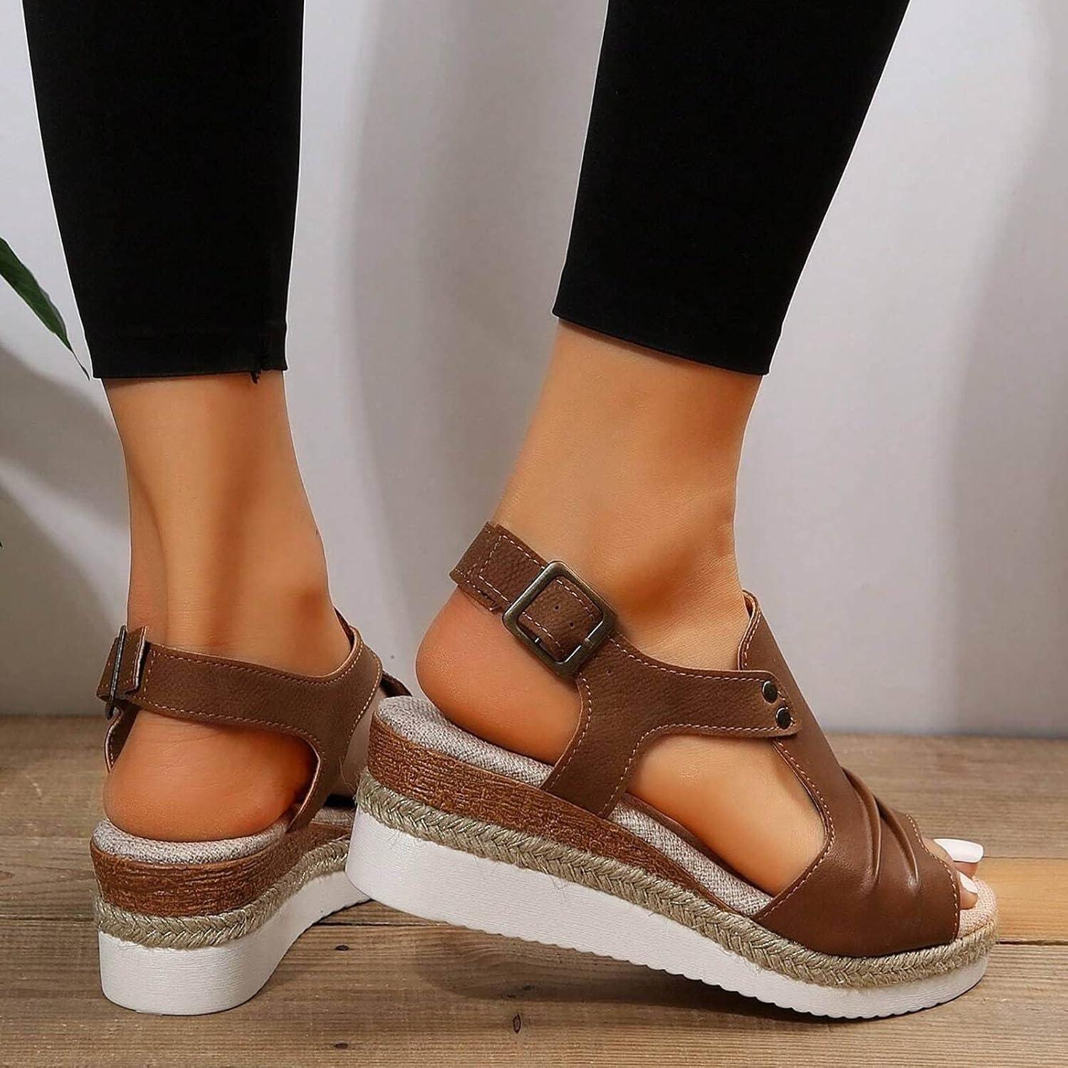 imageSandales compenses pour femme Espadrilles en cuir pour femme Bout ouvert Sangle de cheville Dcontractes lgantes Pour lt Plateforme Sandales enfiler Talons compenssMarron 01
