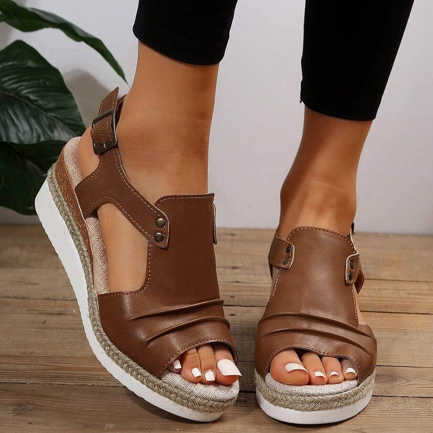 imageSandales compenses pour femme Espadrilles en cuir pour femme Bout ouvert Sangle de cheville Dcontractes lgantes Pour lt Plateforme Sandales enfiler Talons compenssMarron 01