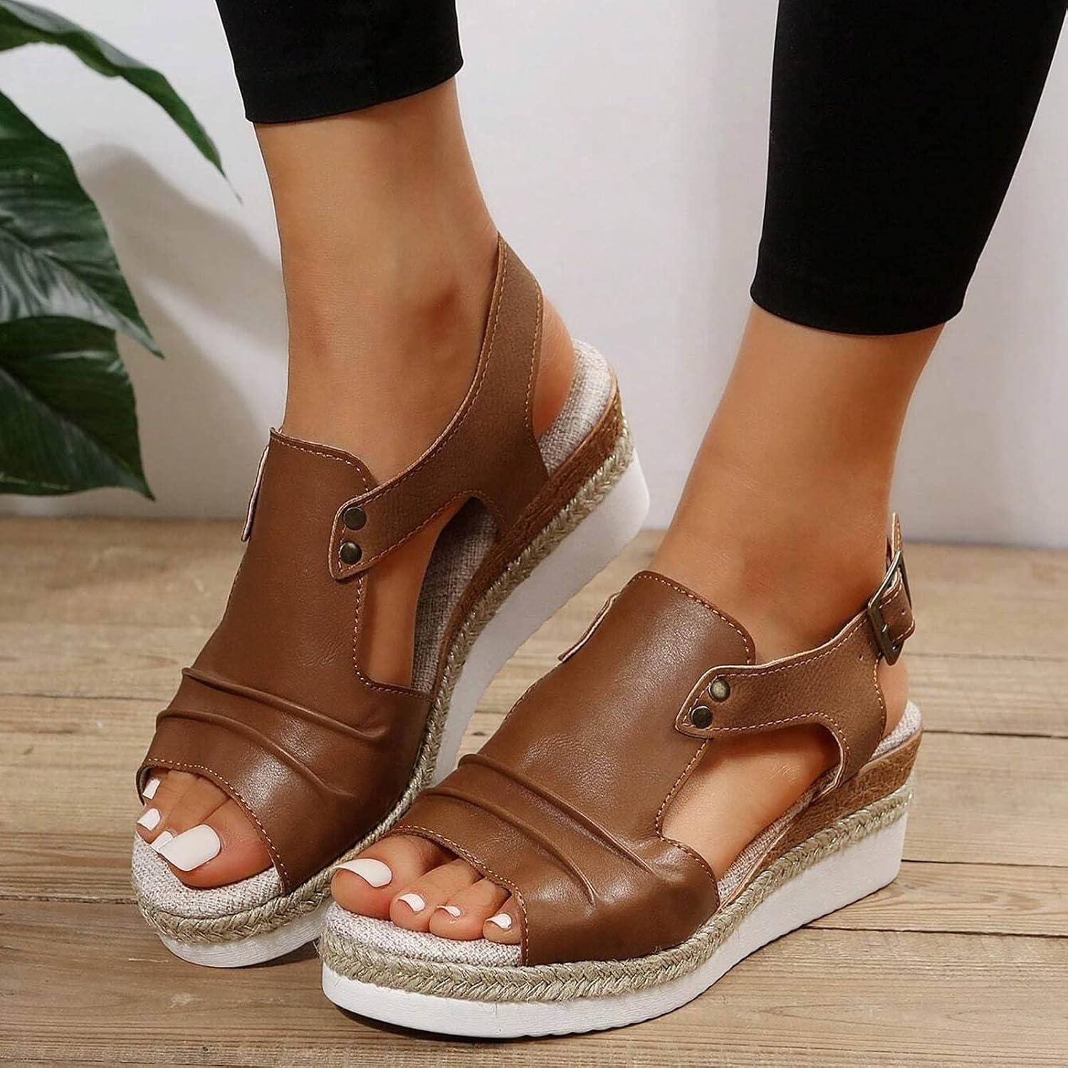 imageSandales compenses pour femme Espadrilles en cuir pour femme Bout ouvert Sangle de cheville Dcontractes lgantes Pour lt Plateforme Sandales enfiler Talons compenssMarron 01