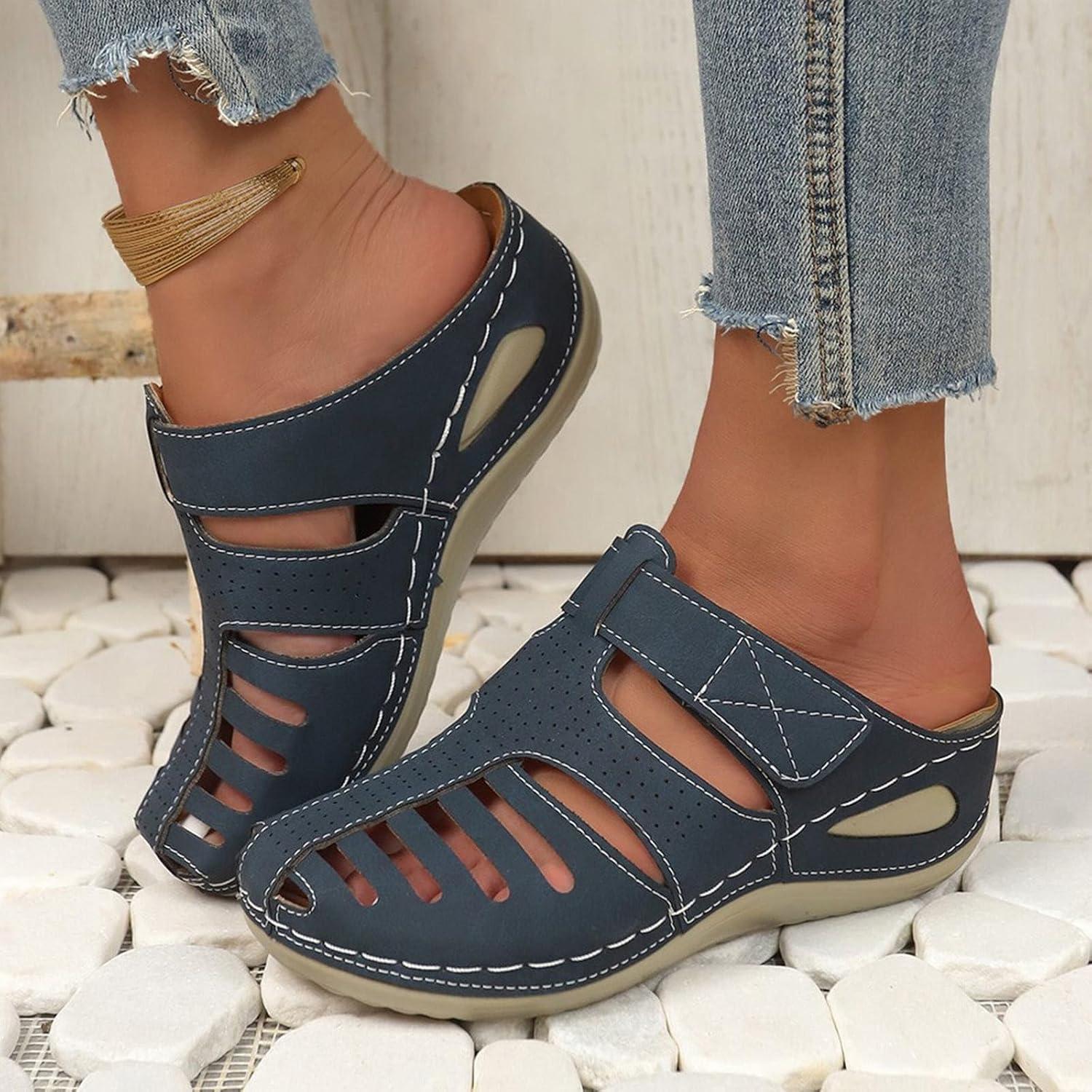 imageSandales de pcheur en cuir pour femme avec semelle compense pour femme dos nu sandales bout ferm mules talon inclin chaussons antidrapants chaussures orthopdiques lgresBleu