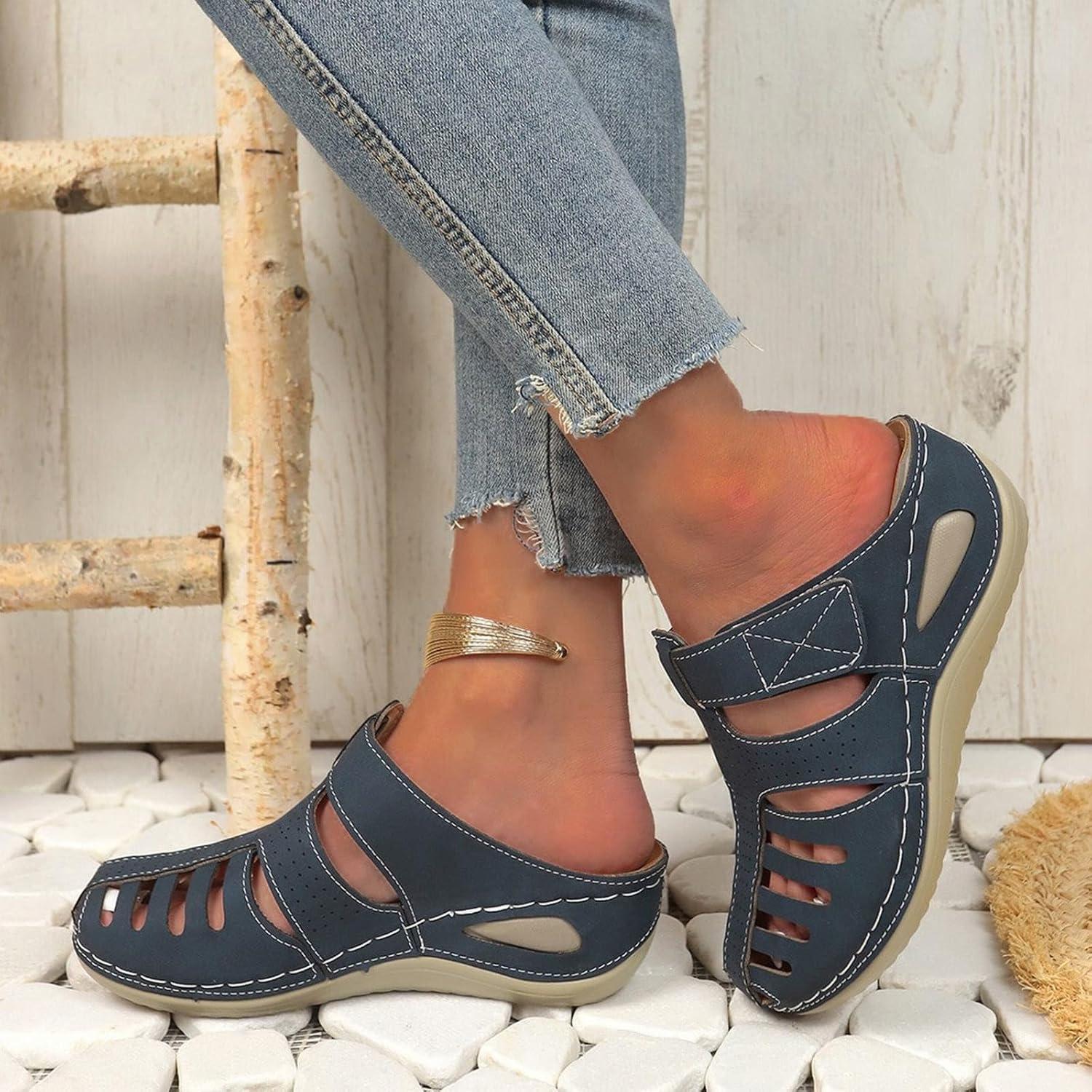 imageSandales de pcheur en cuir pour femme avec semelle compense pour femme dos nu sandales bout ferm mules talon inclin chaussons antidrapants chaussures orthopdiques lgresBleu