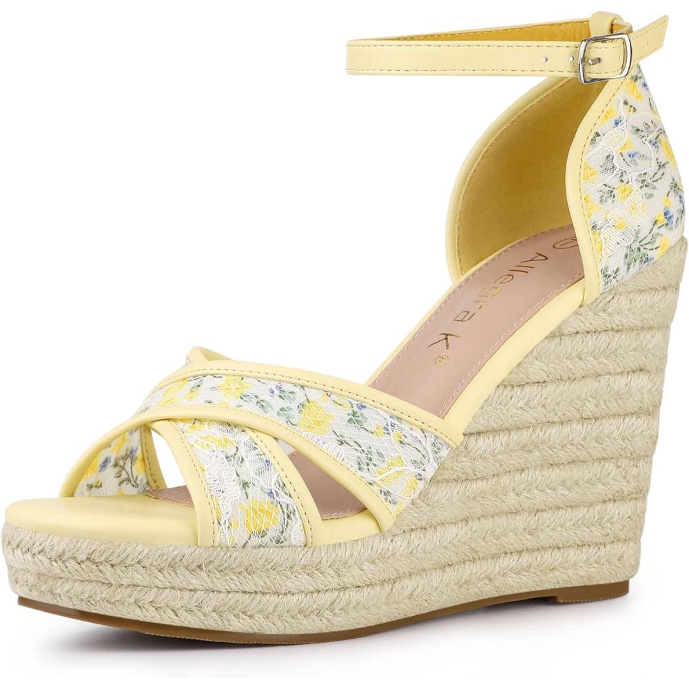 imageAllegra K Femmes Sandales Compenses Talon Compens Bride Cheville EspadrilleGelbe Blume
