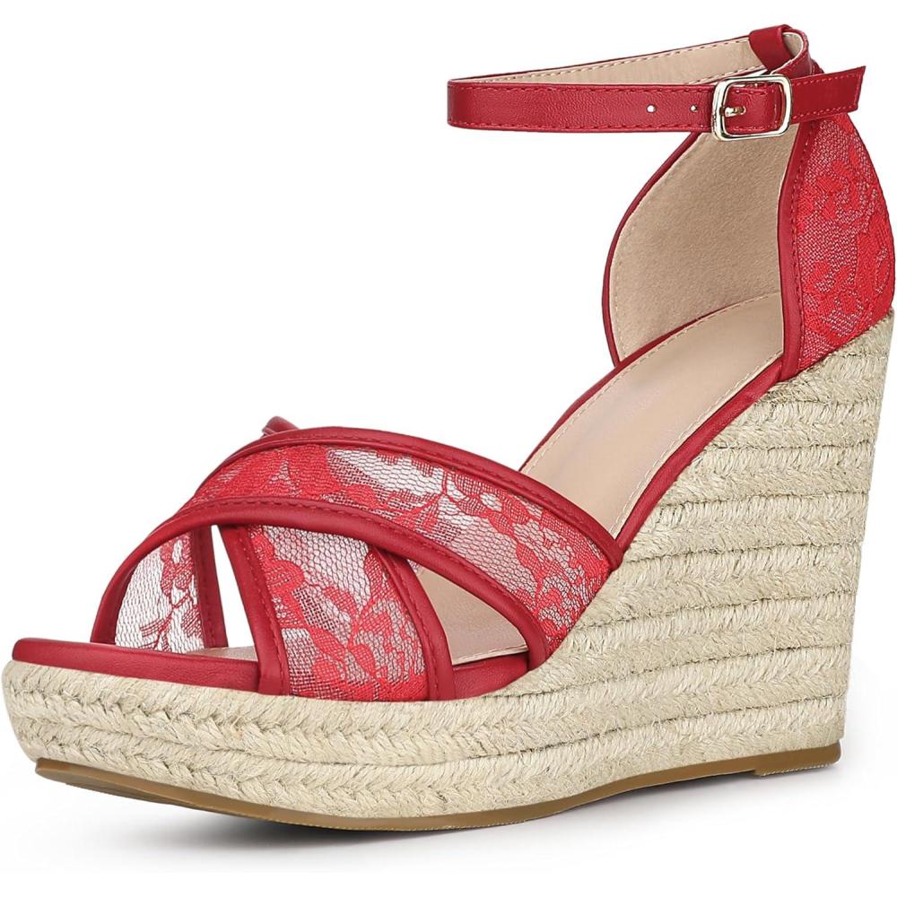 imageAllegra K Femmes Sandales Compenses Talon Compens Bride Cheville EspadrilleRouge