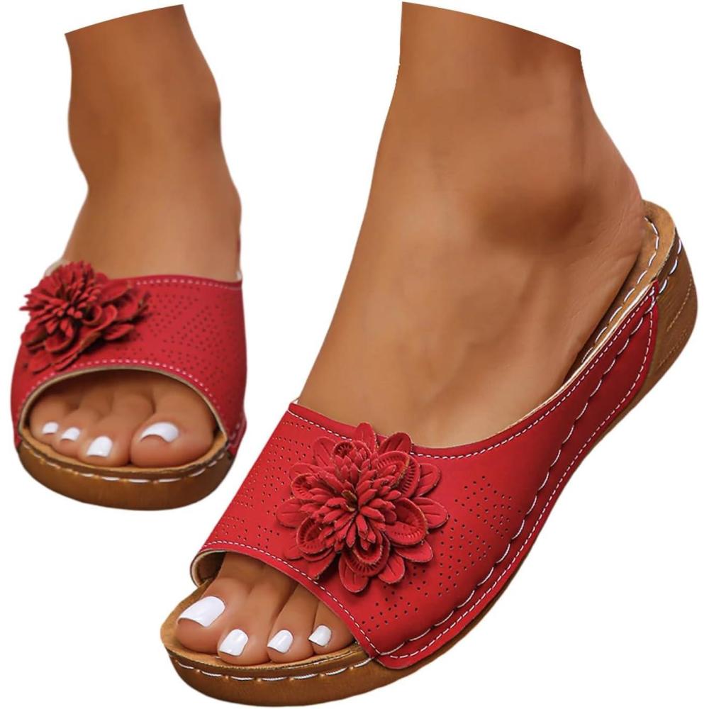 imageMules en Cuir Femme Sandales Compenses Bout Ouvert Plateforme Premium Orthopdiques Pantoufles Chaussons Dame001 Rouge
