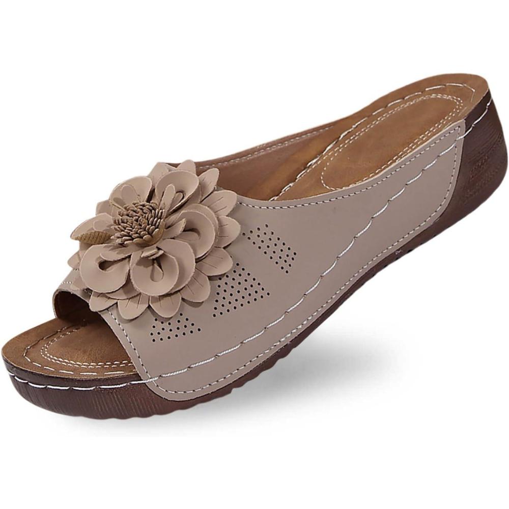 imageMules en Cuir Femme Sandales Compenses Bout Ouvert Plateforme Premium Orthopdiques Pantoufles Chaussons Dame02 Beige