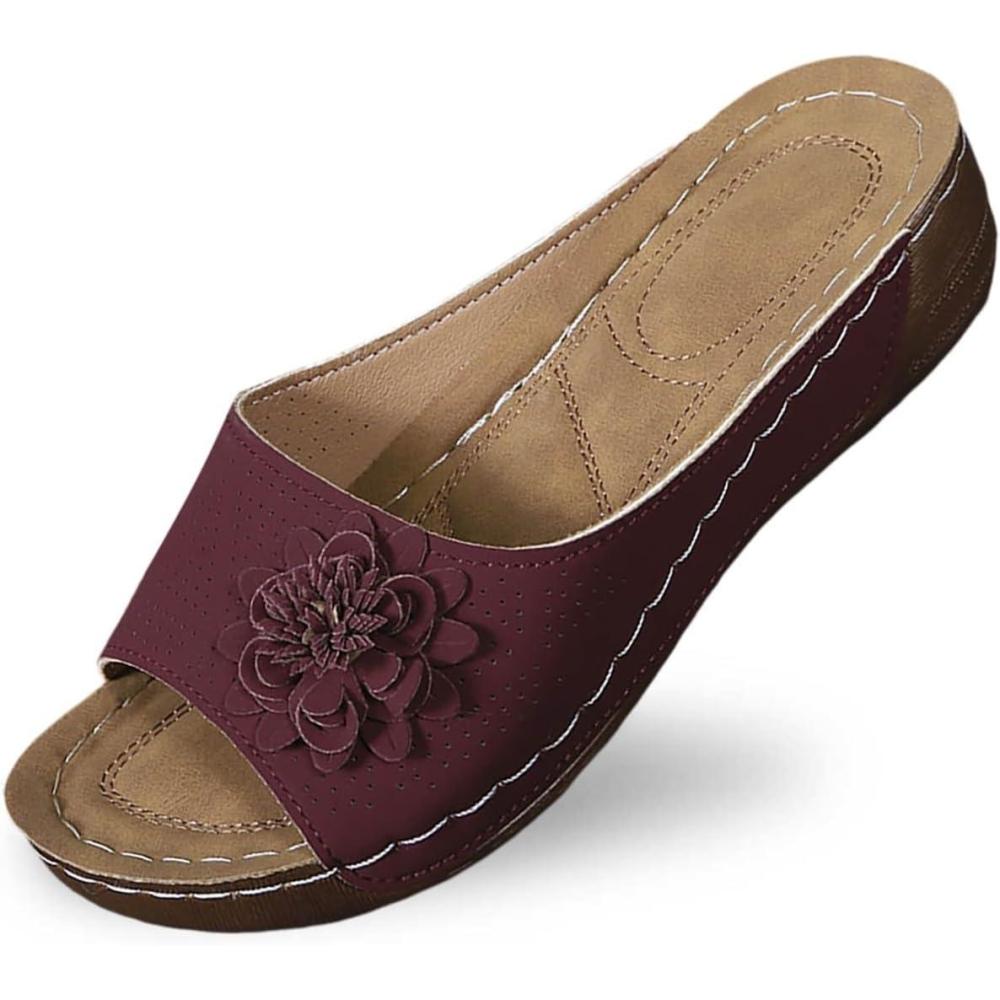 imageMules en Cuir Femme Sandales Compenses Bout Ouvert Plateforme Premium Orthopdiques Pantoufles Chaussons Dame03 Vin