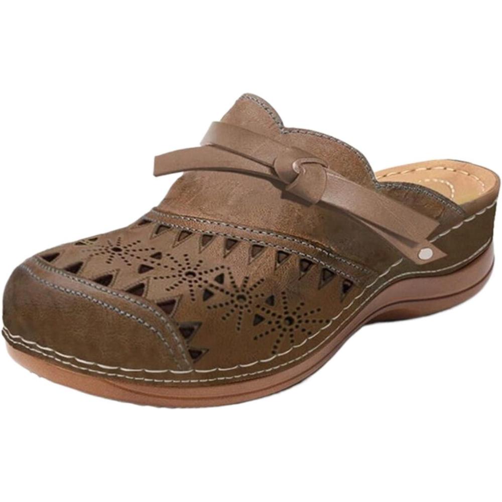 imageSabots pour femme Sandales compenses confortables en cuir Mules creuses bout ferm Chaussures dextrieur enfiler Pour lextrieur et la plageMarron