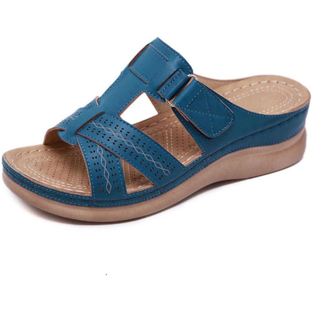 imageSandales Compenses Femme t Sandales Mules Orthopdique Claquette Soutien de la Vote Plantaire Pantoufles de Plage Semelle paisse Pantoufles Bout Ouvert Chaussons Compensees Pour Maison JardinBleu
