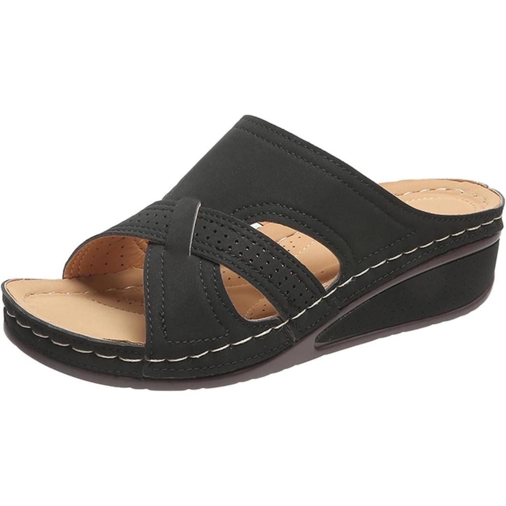 imageSandales Orthopedique Femmes t Compens Claquettes Rtro vid Claquette Soutien Plantaire Pantoufles Confort Antidrapant Chaussons Bout Ouvert Pantoufle Elgant de Vacances Plage MarcheNoir