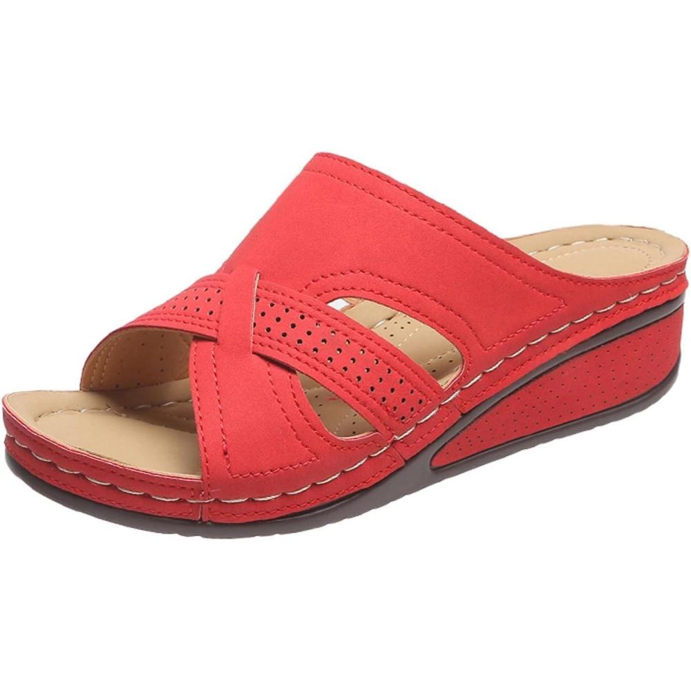 imageSandales Orthopedique Femmes t Compens Claquettes Rtro vid Claquette Soutien Plantaire Pantoufles Confort Antidrapant Chaussons Bout Ouvert Pantoufle Elgant de Vacances Plage MarcheRouge