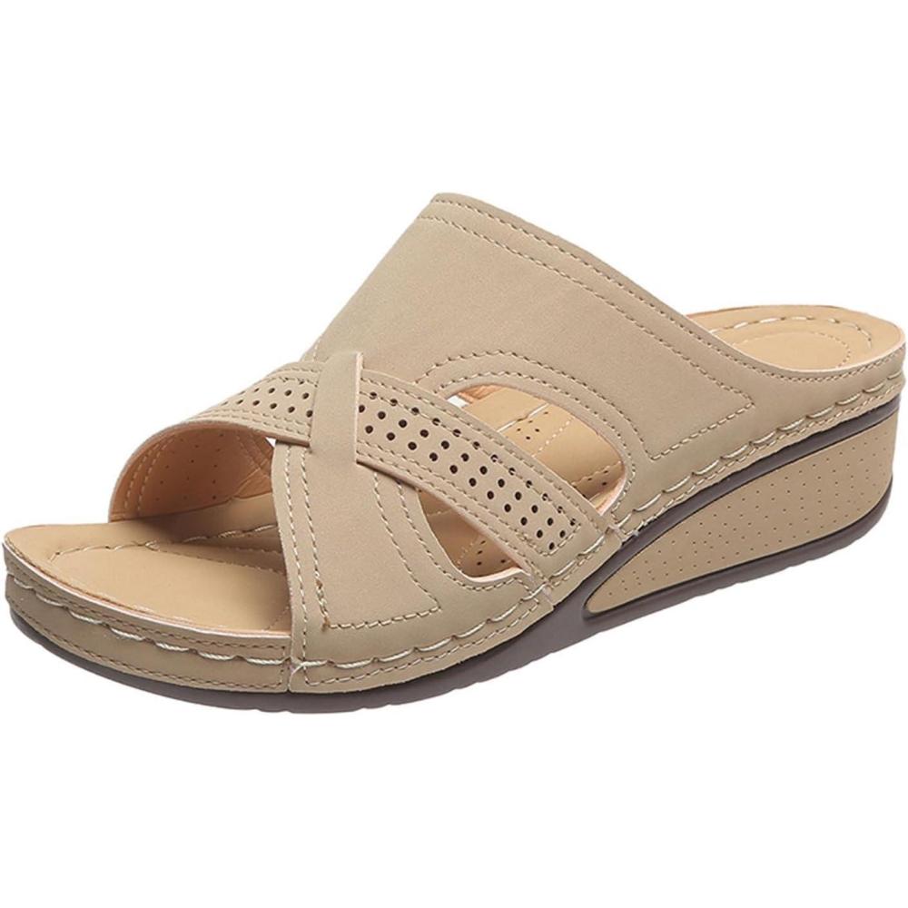 imageSandales Orthopedique Femmes t Compens Claquettes Rtro vid Claquette Soutien Plantaire Pantoufles Confort Antidrapant Chaussons Bout Ouvert Pantoufle Elgant de Vacances Plage MarcheKaki