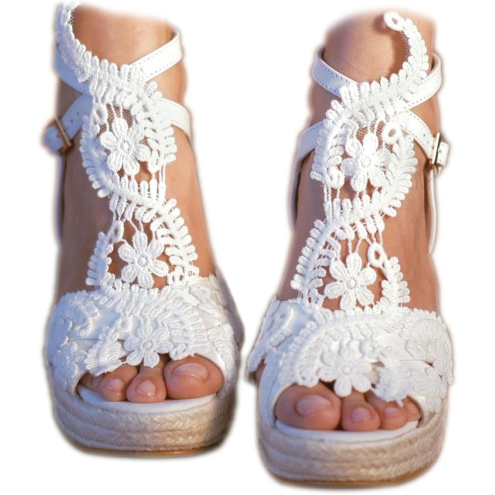 imageSandales compenses bout ouvert et sangle de cheville pour femme Chaussures de mariage Chaussures de demoiselle dhonneurBlanc 1