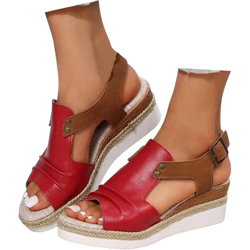 imageSandales compenses pour femme Espadrilles en cuir pour femme Bout ouvert Sangle de cheville Dcontractes lgantes Pour lt Plateforme Sandales enfiler Talons compenss02 Rouge