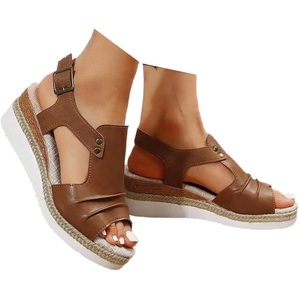 imageSandales compenses pour femme Espadrilles en cuir pour femme Bout ouvert Sangle de cheville Dcontractes lgantes Pour lt Plateforme Sandales enfiler Talons compenssMarron 01