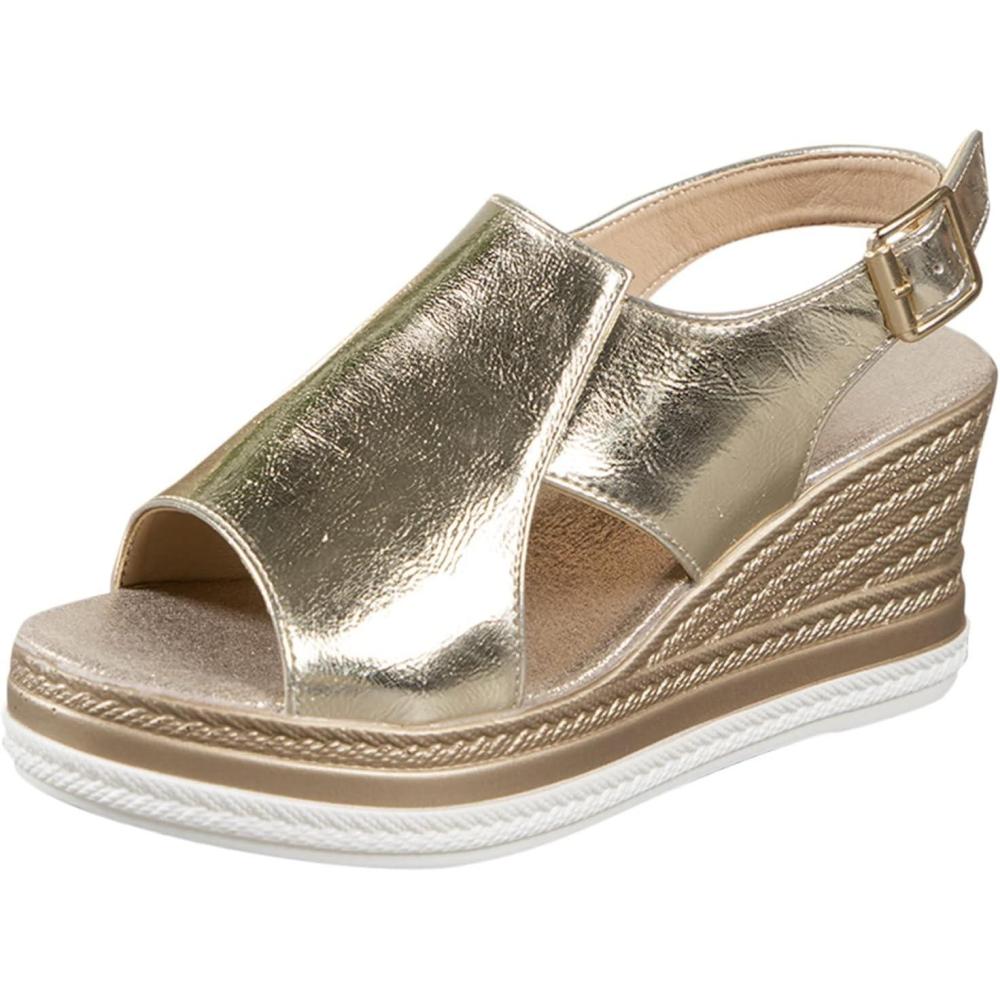 imageSandales compenses pour femme avec plateforme dt confortables avec boucle orthopdique bout ouvert Mode Espadrilles Talon Antidrapant Dcontract Flexibles Fte Mariage MarcheOr